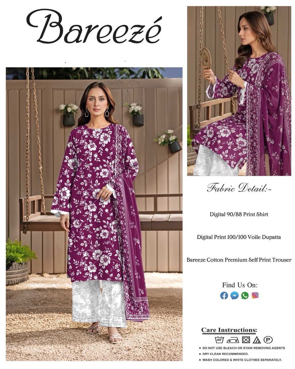 BAREEZEI PREMIMUM QUALITY LAWN 3 PCS I DIGITAL PRINT VOLIE DUPTA
