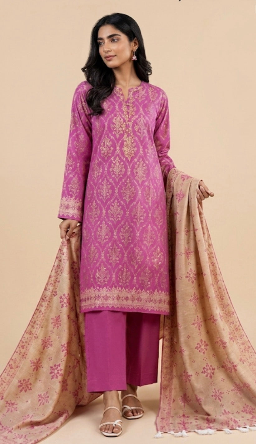 Alkaram 3-Piece Unstitched Lawn Suit - Magenta & Gold (MSB-25-80)