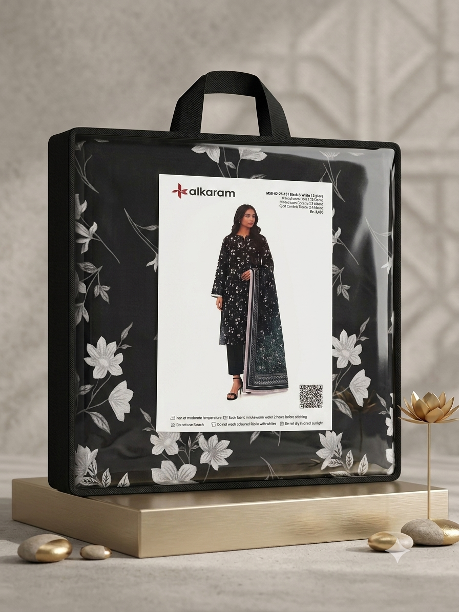 Alkaram 3-Piece Unstitched Lawn Suit - Black & White (MSB-02-26-151)